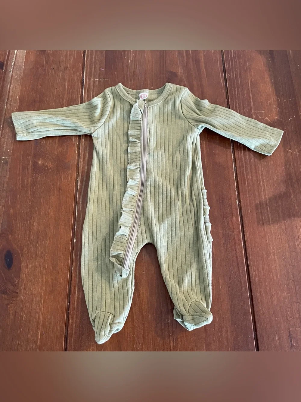 Baby Girl Ribbed Ruffle Footie One Piece Zipper Romper Sage Green Sleeper 3-6M